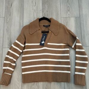 Veronica Beard Brown and White V-Neck Sweater